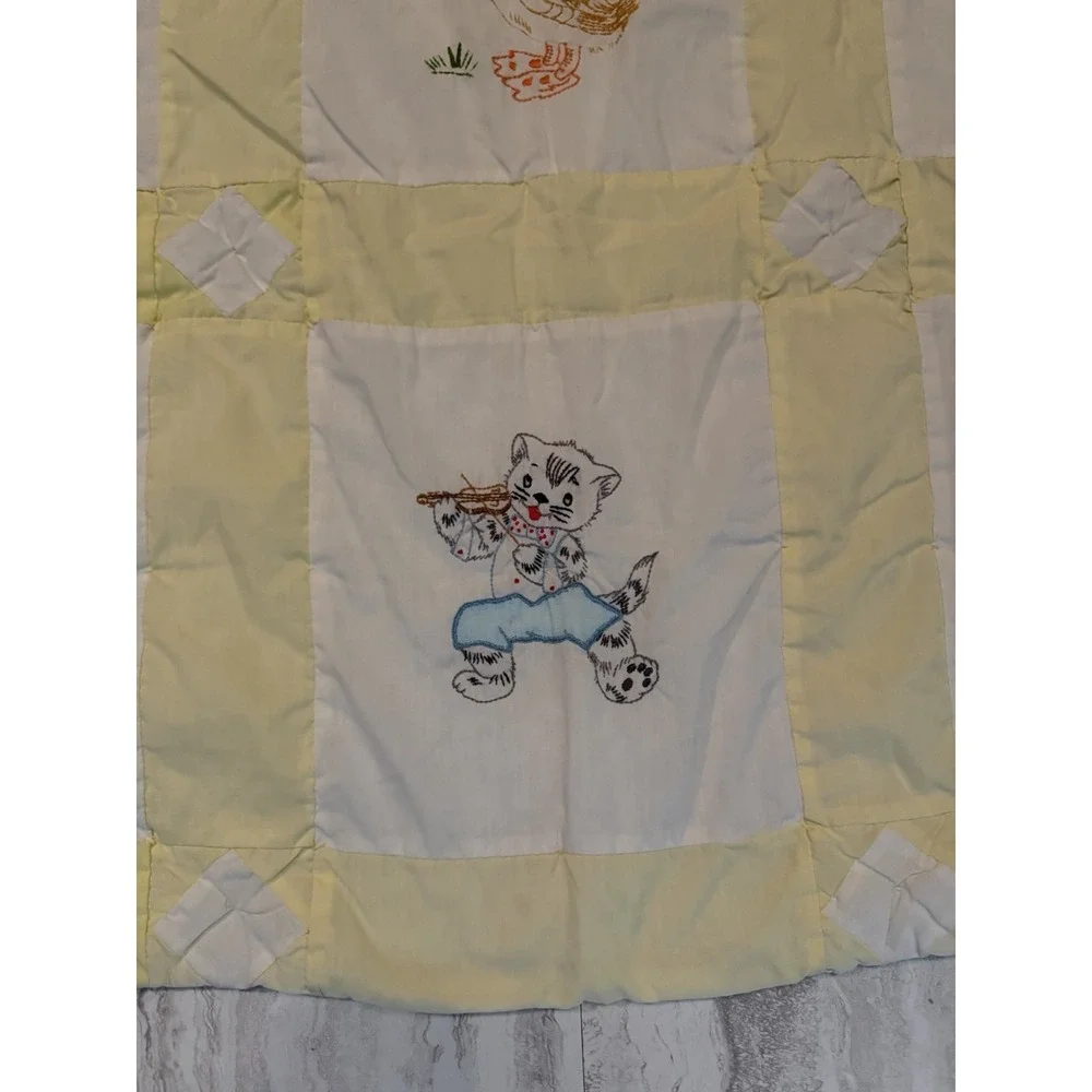 Vintage Handmade Baby Quilt Hand Embroidered Animals Yellow Nursery Crib BABY